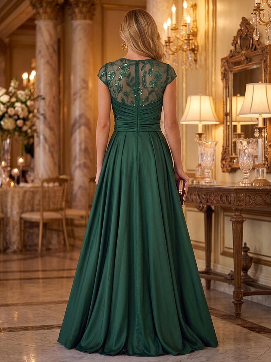 Sequin Floral A Line Scoop Neck Glitter Ruched Mother of the Bride Dresses