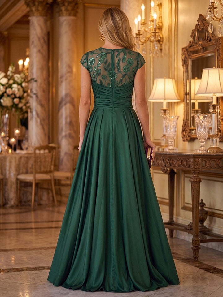 Sequin Floral A Line Scoop Neck Glitter Ruched Mother of the Bride Dresses