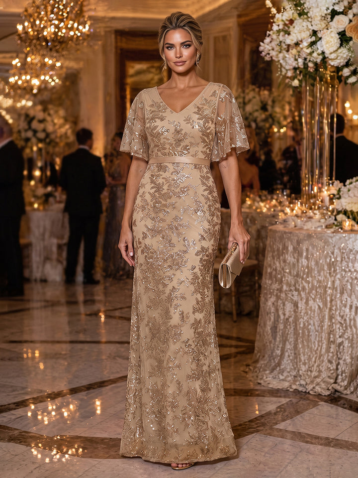 Sequin Floral Mermaid V Neck Glitter Ruched Mother of the Bride Dresses