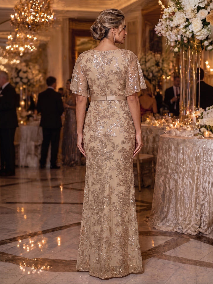 Sequin Floral Mermaid V Neck Glitter Ruched Mother of the Bride Dresses