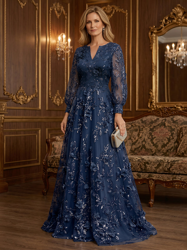 Sequin Floral A Line V Neck 3D Flowers Ruched Mother of the Bride Dresses