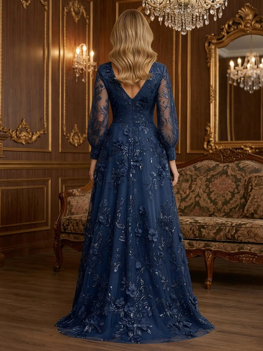 Sequin Floral A Line V Neck 3D Flowers Ruched Mother of the Bride Dresses