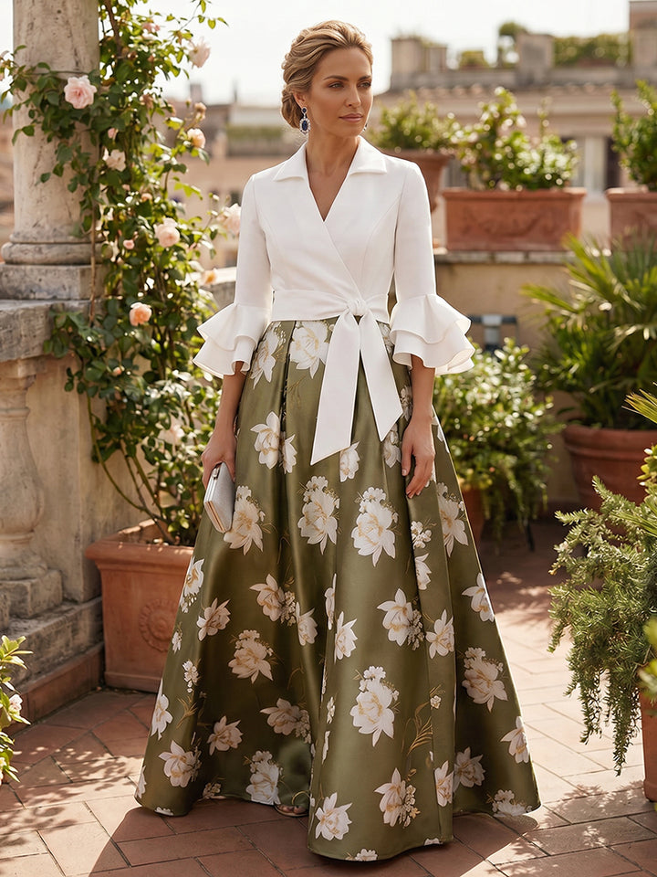 Floral Print A Line V Neck Bow Layered Mother of the Bride Dresses
