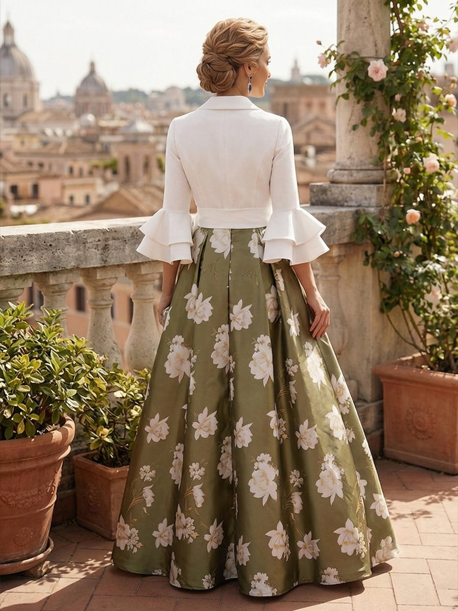 Floral Print A Line V Neck Bow Layered Mother of the Bride Dresses