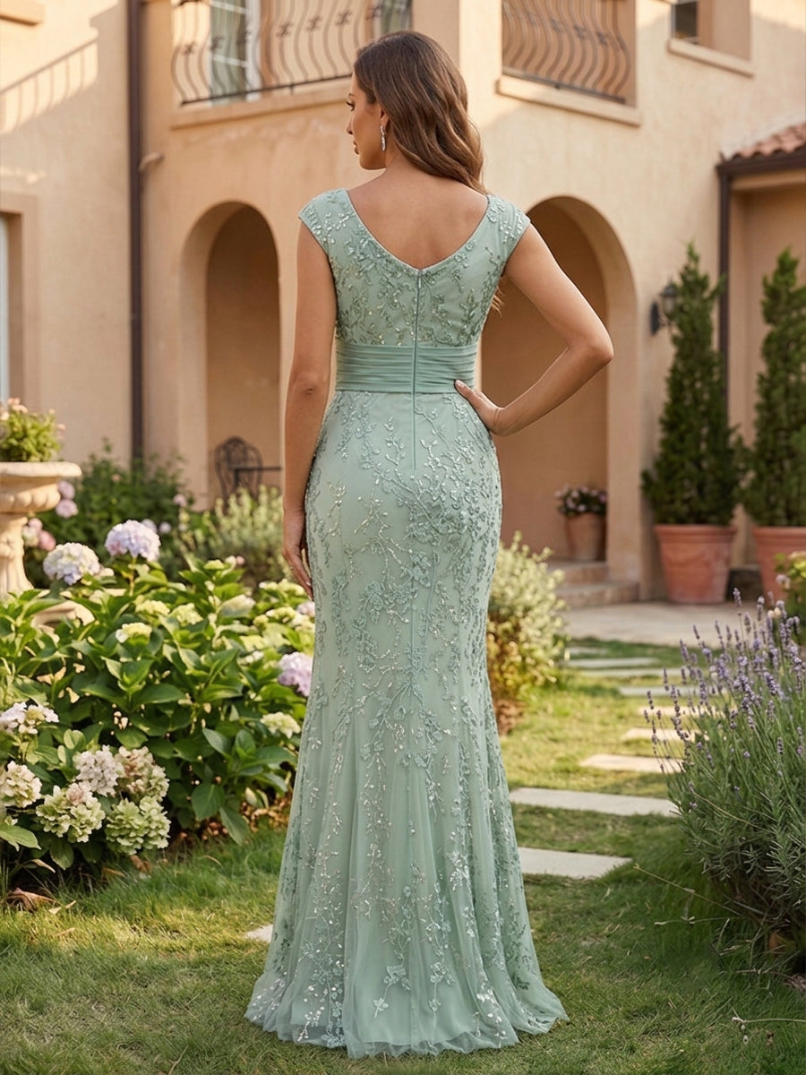 Sequin Floral Mermaid V Neck Sequin Ruched Mother of the Bride Dresses