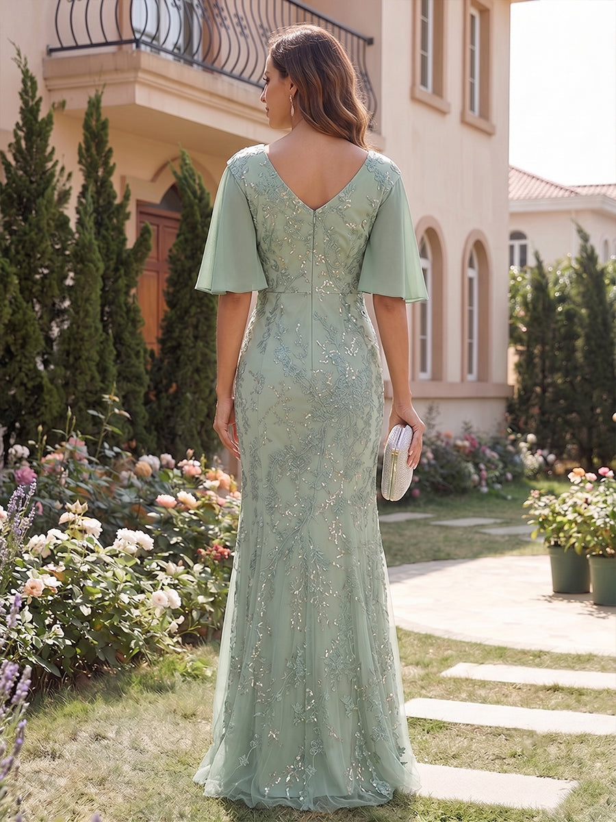 Sequin Floral Mermaid V Neck Sequin Ruched Mother of the Bride Dresses