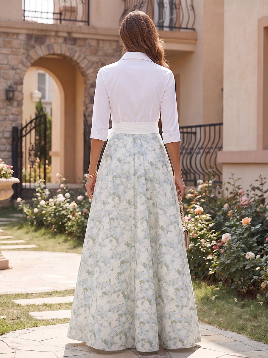 Floral Print A Line V Neck Bow Ruched Mother of the Bride Dresses