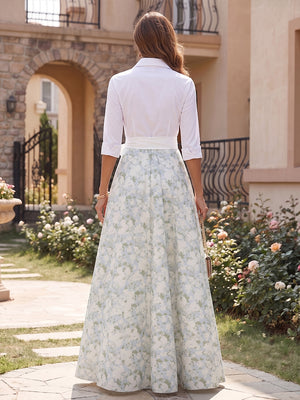 Floral Print A Line V Neck Bow Ruched Mother of the Bride Dresses