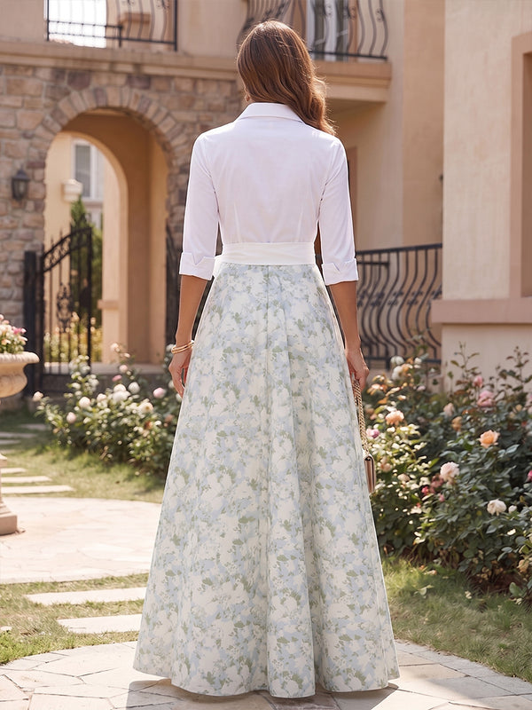 Floral Print A Line V Neck Bow Ruched Mother of the Bride Dresses