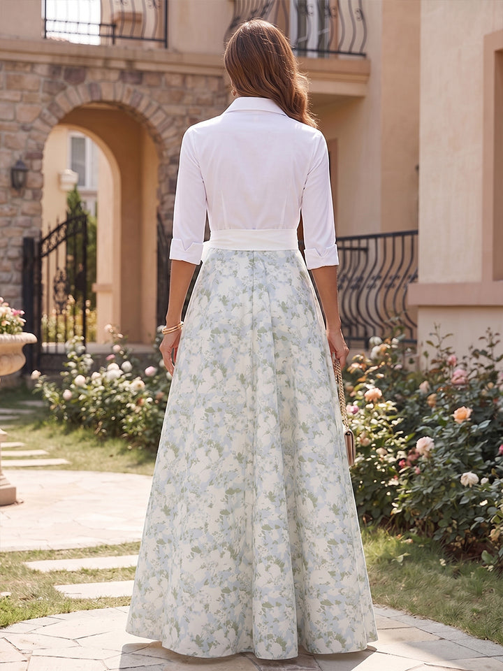 Floral Print A Line V Neck Bow Ruched Mother of the Bride Dresses