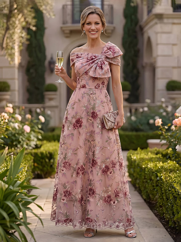 Sequin Floral A Line Off the Shoulder Bow Ruched Mother of the Bride Dresses