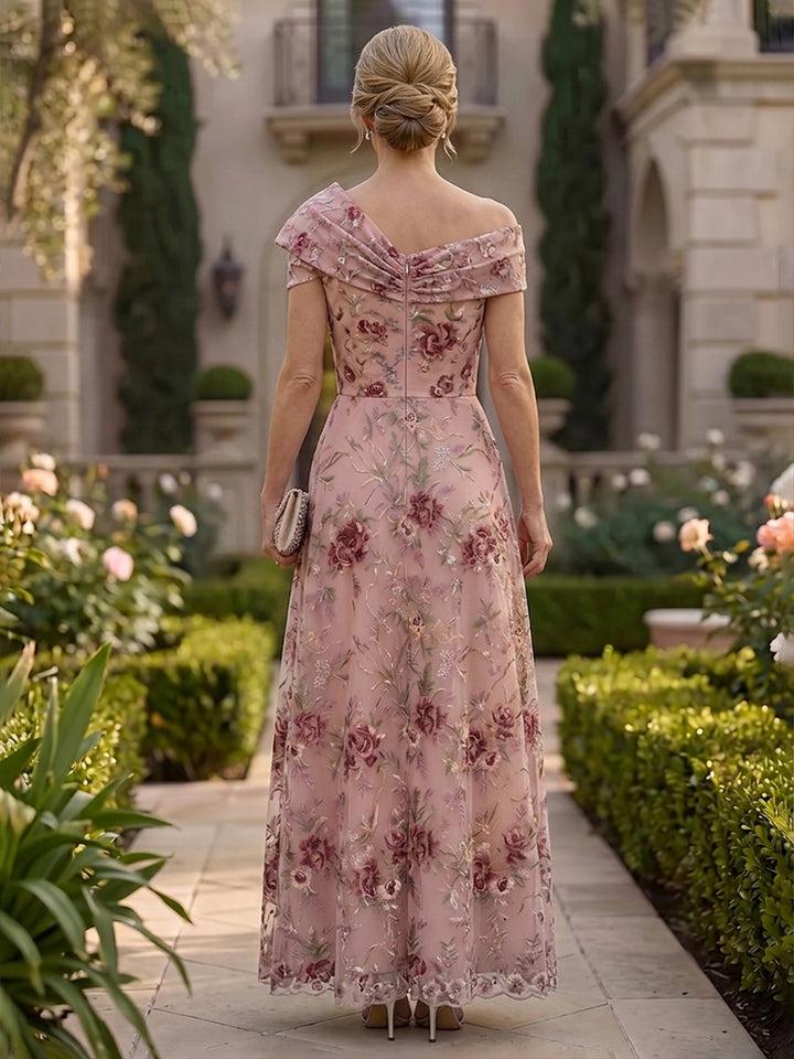 Sequin Floral A Line Off the Shoulder Bow Ruched Mother of the Bride Dresses