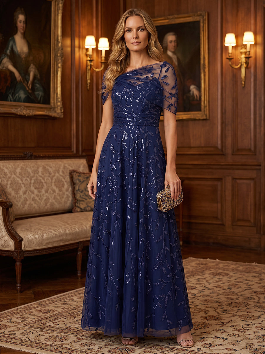 Sequin Floral A Line Off the Shoulder Glitter Ruched Mother of the Bride Dresses