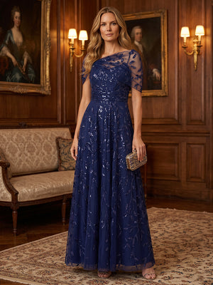 Sequin Floral A Line Off the Shoulder Glitter Ruched Mother of the Bride Dresses