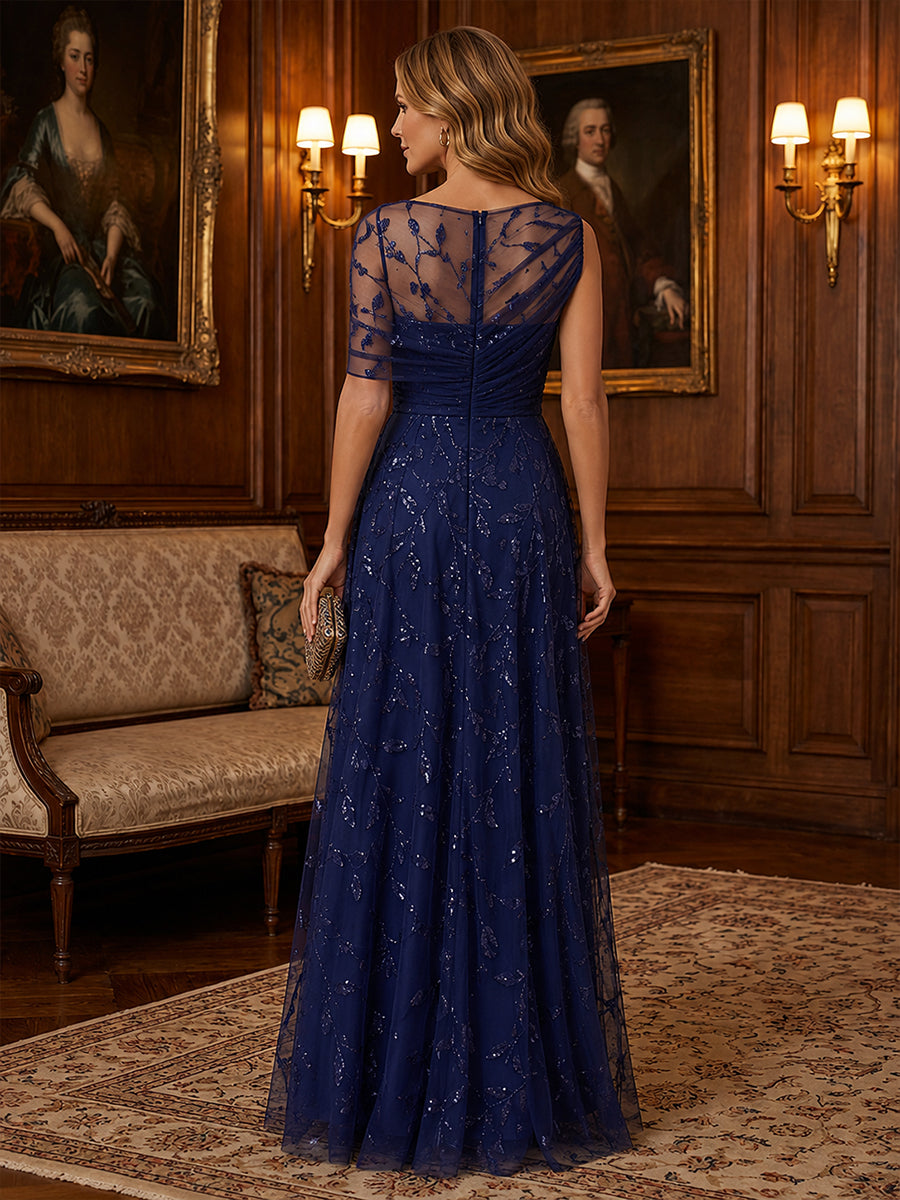 Sequin Floral A Line Off the Shoulder Glitter Ruched Mother of the Bride Dresses