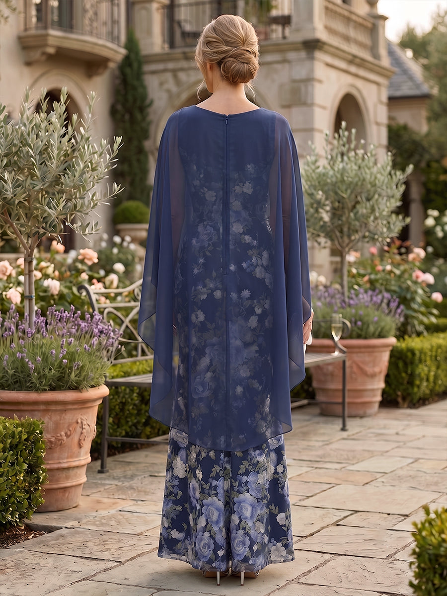 Floral Print Mermaid Scoop Neck Cape Ruched Mother of the Bride Dresses
