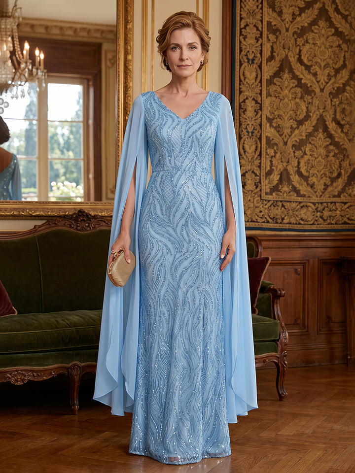 Sequin Floral Mermaid V Neck Lace Appliques Ruched Chiffon Mother of the Bride Dresses