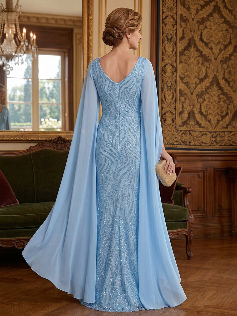 Sequin Floral Mermaid V Neck Lace Appliques Ruched Chiffon Mother of the Bride Dresses