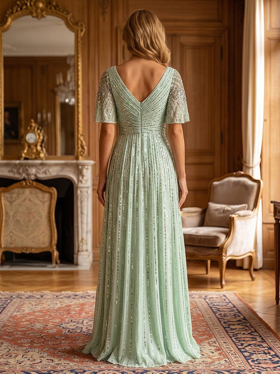 Chiffon A Line V Neck Sequin Ruched Mother of the Bride Dresses