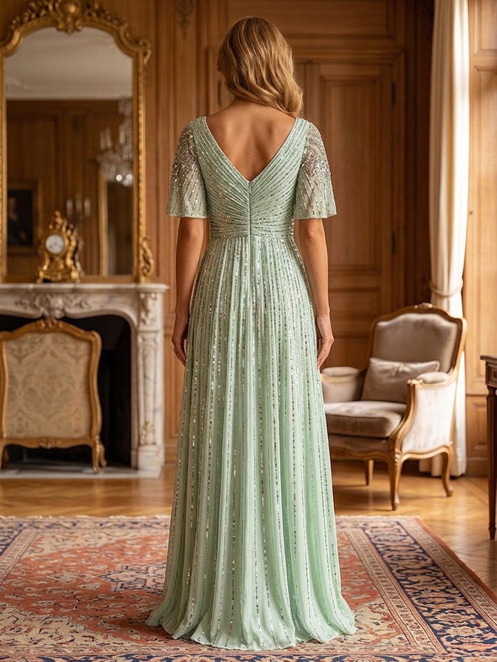 Chiffon A Line V Neck Sequin Ruched Mother of the Bride Dresses