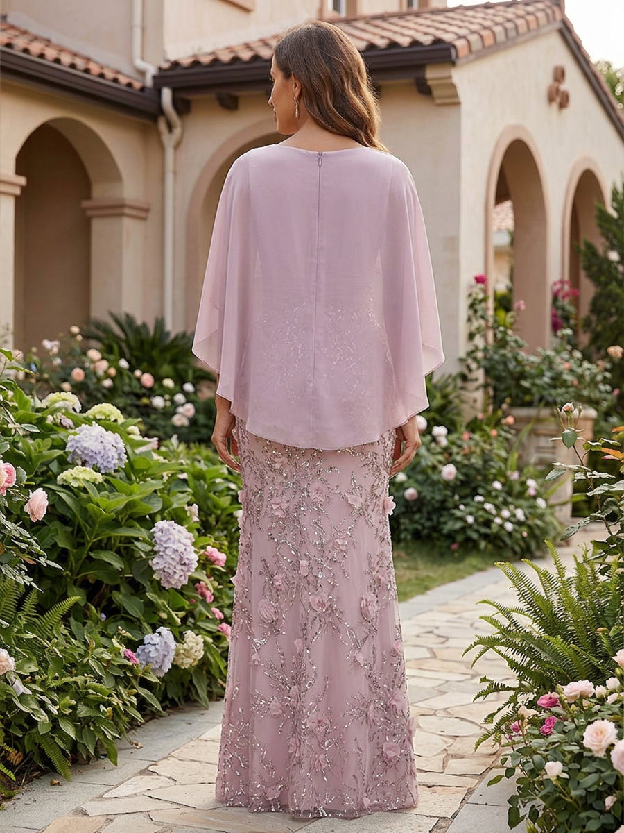 Sequin Floral Mermaid V Neck Cape Ruched Chiffon Mother of the Bride Dresses
