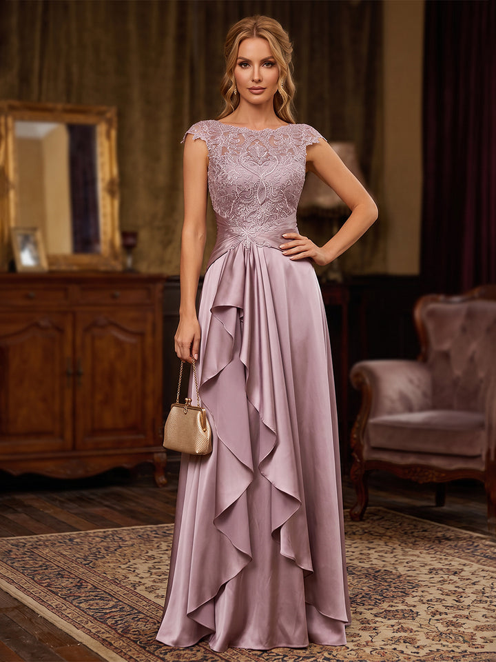 Satin Mermaid Scoop Neck Lace Appliques Tiered Mother of the Bride Dresses