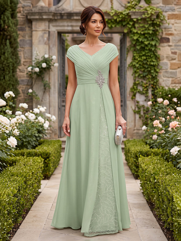 Chiffon A Line V Neck Lace Appliques Ruched Simple Mother of the Bride Dresses for Women