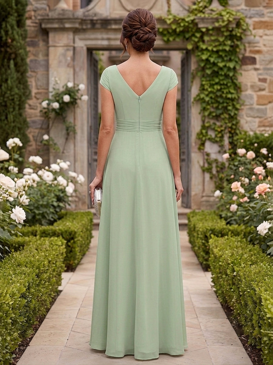 Chiffon A Line V Neck Lace Appliques Ruched Simple Mother of the Bride Dresses for Women