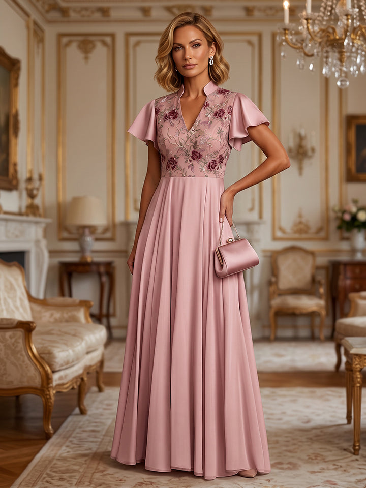 Satin A Line V Neck Floral Embroidery Pleats Mother of the Bride Dresses