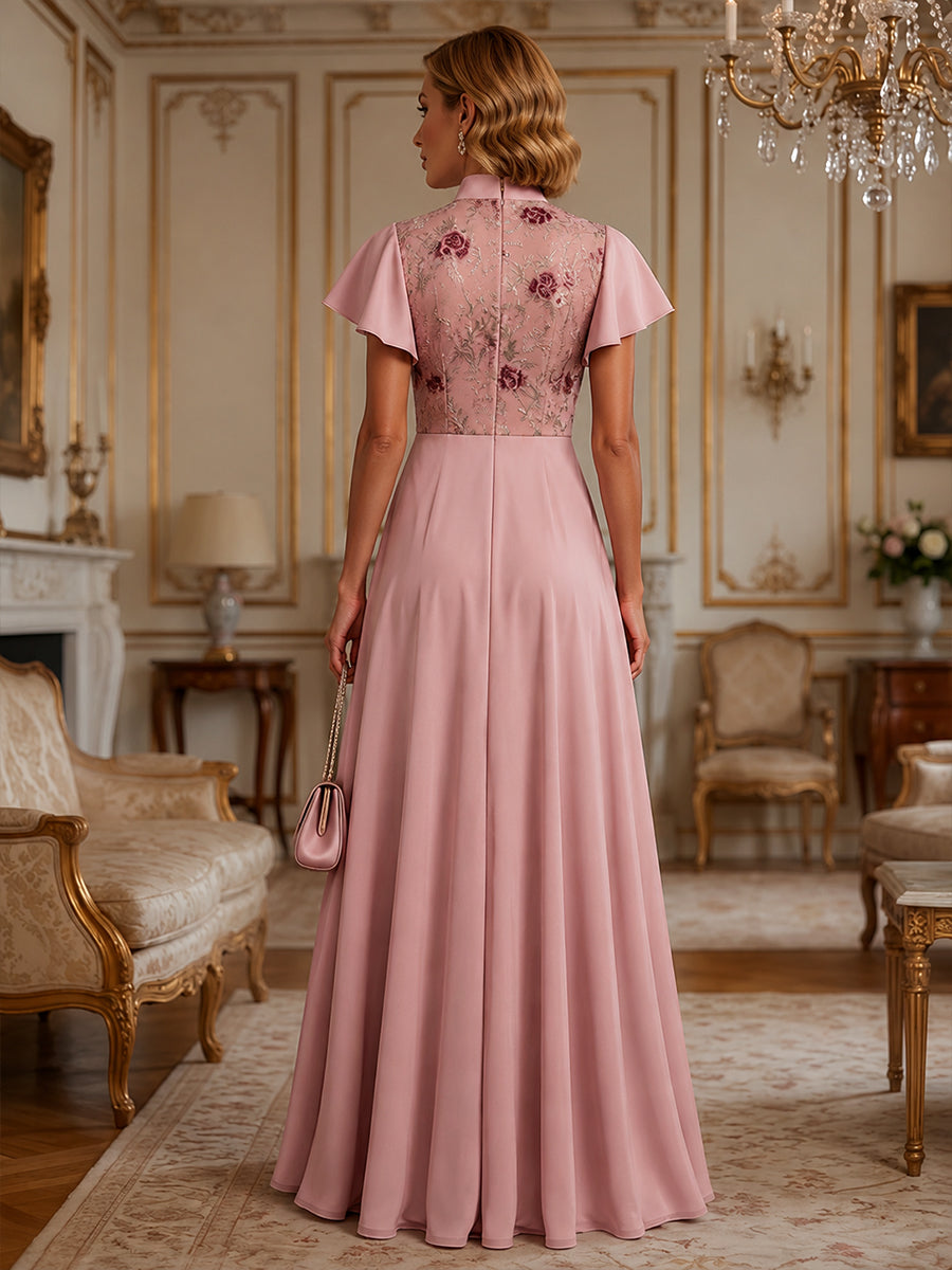 Satin A Line V Neck Floral Embroidery Pleats Mother of the Bride Dresses