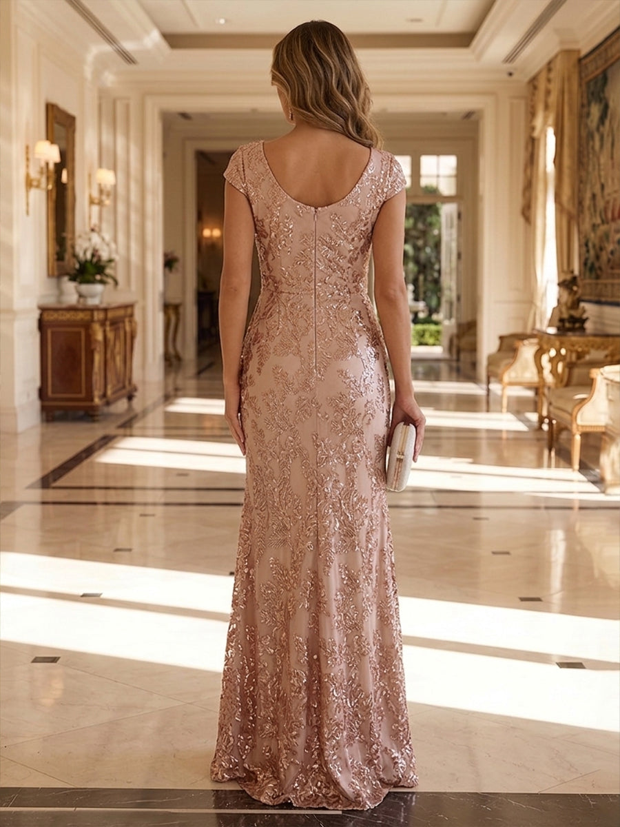 Sequin Floral Mermaid Scoop Neck Lace Appliques Ruched Side Slit Mother of the Bride Dresses