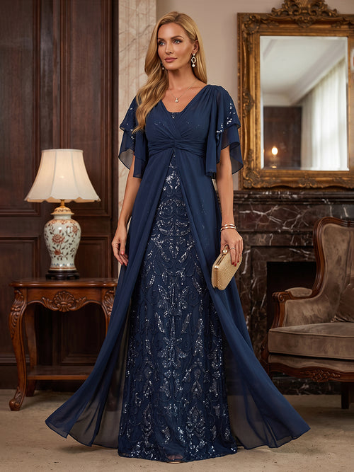 Chiffon A Line V Neck Lace Appliques Layered Ruffles Mother of the Bride Dresses