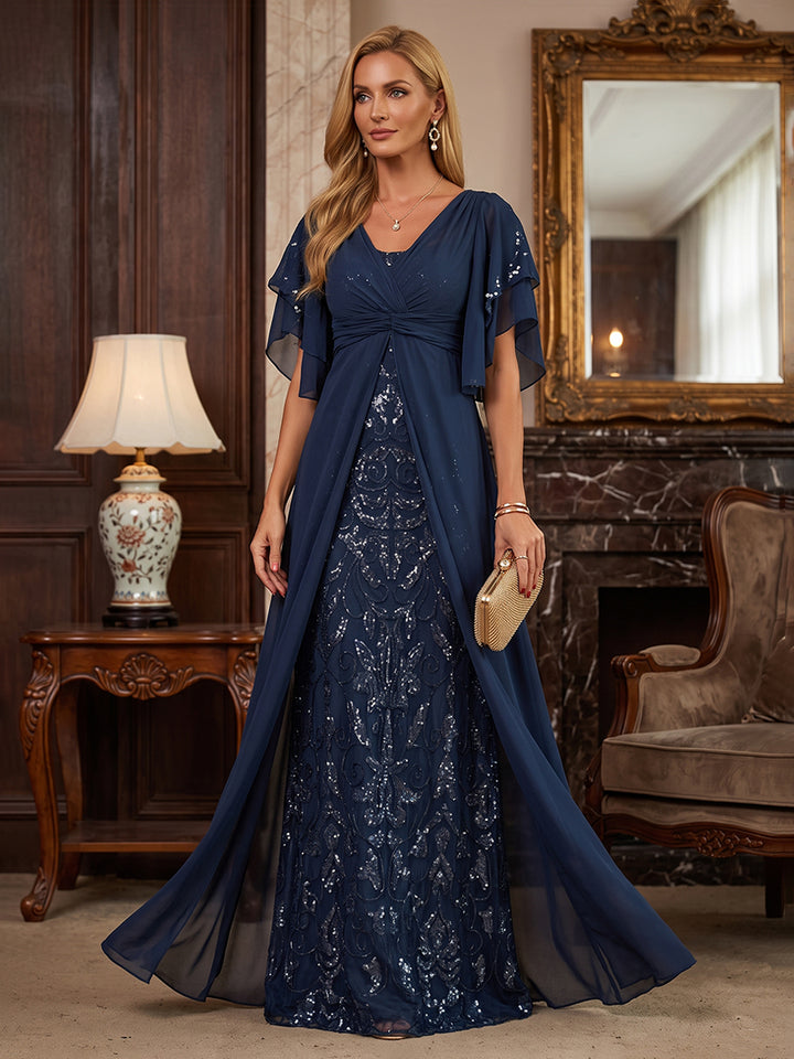 Chiffon A Line V Neck Lace Appliques Layered Ruffles Mother of the Bride Dresses
