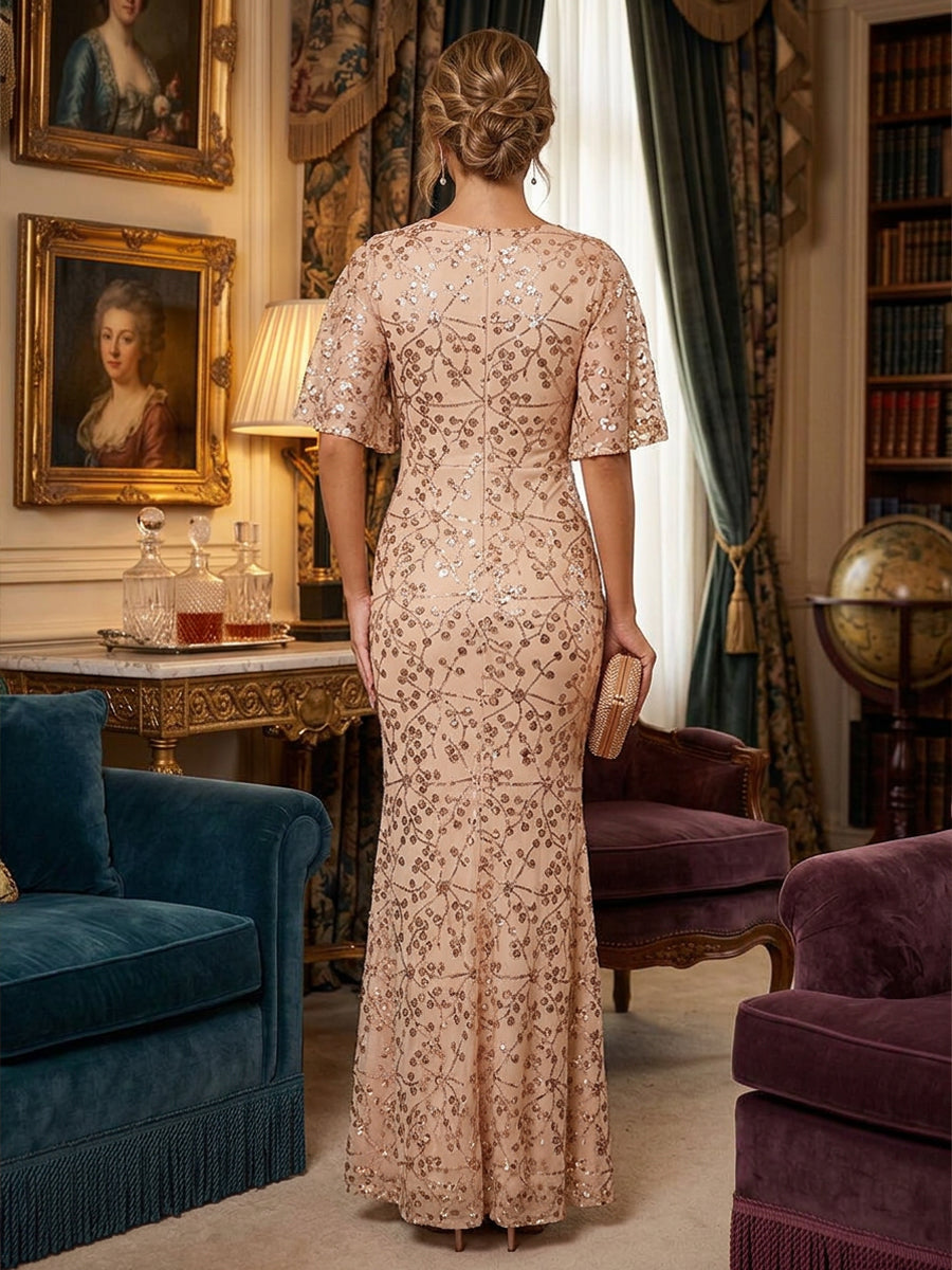 Sequin Floral Mermaid Scoop Neck Glitter elegant Mother of the Bride Dresses for Women