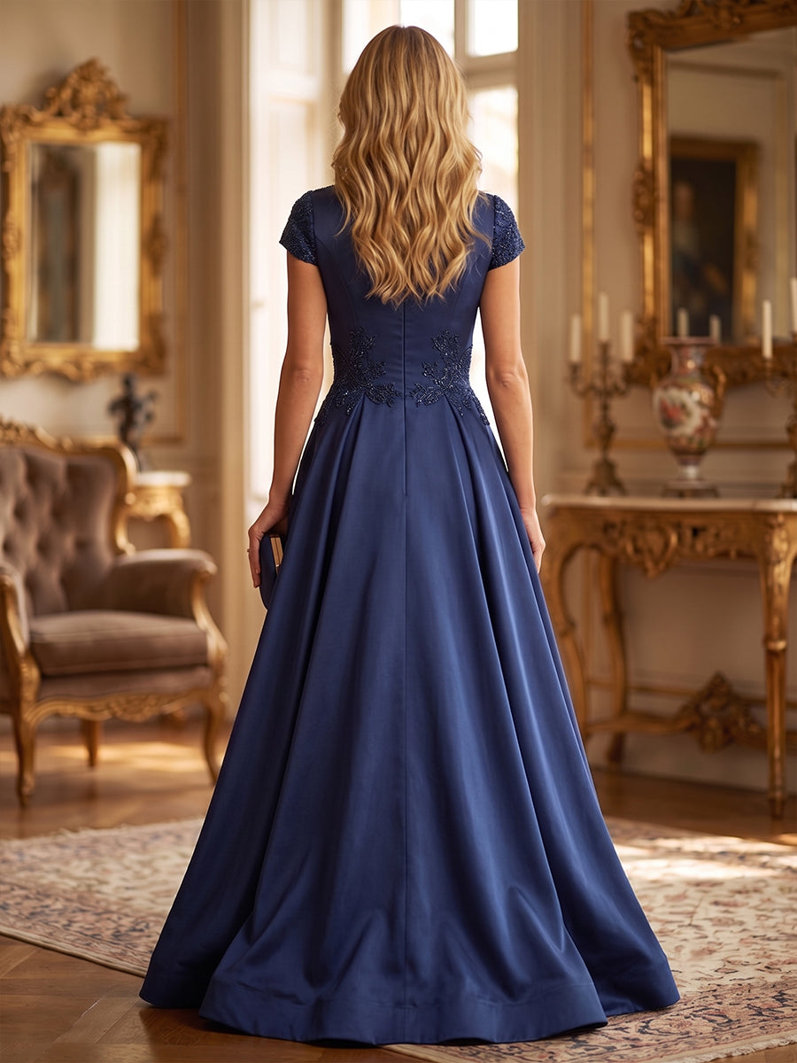 Satin A Line V Neck Lace Appliques Ruched Mother of the Bride Dresses