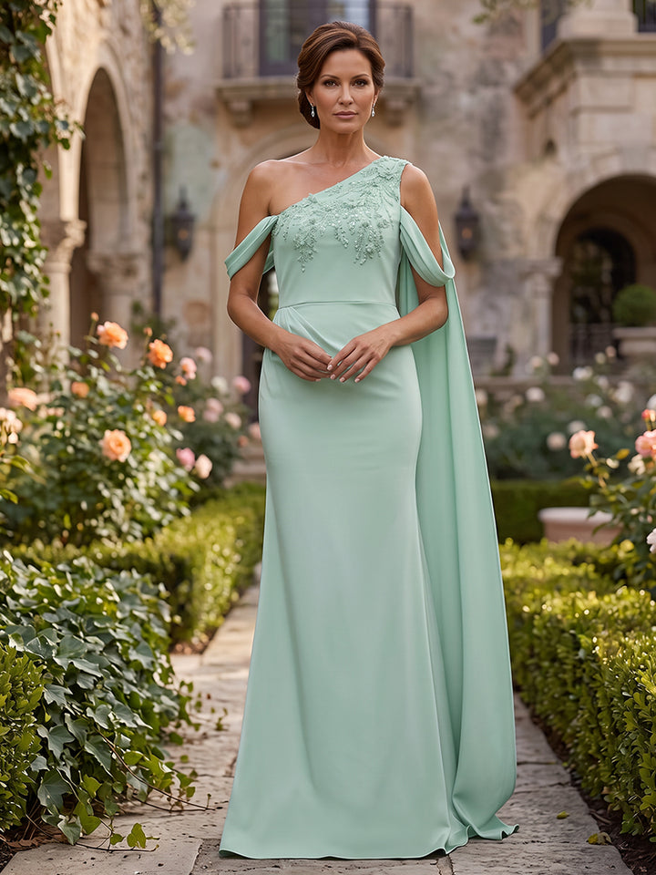 Satin Mermaid One Shoulder Lace Appliques Ruched Sash Mother of the Bride Dresses