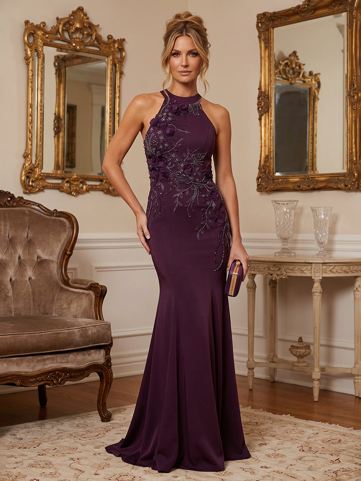 Satin Mermaid Halter Lace Appliques Ruched 3D Flowers Mother of the Bride Dresses