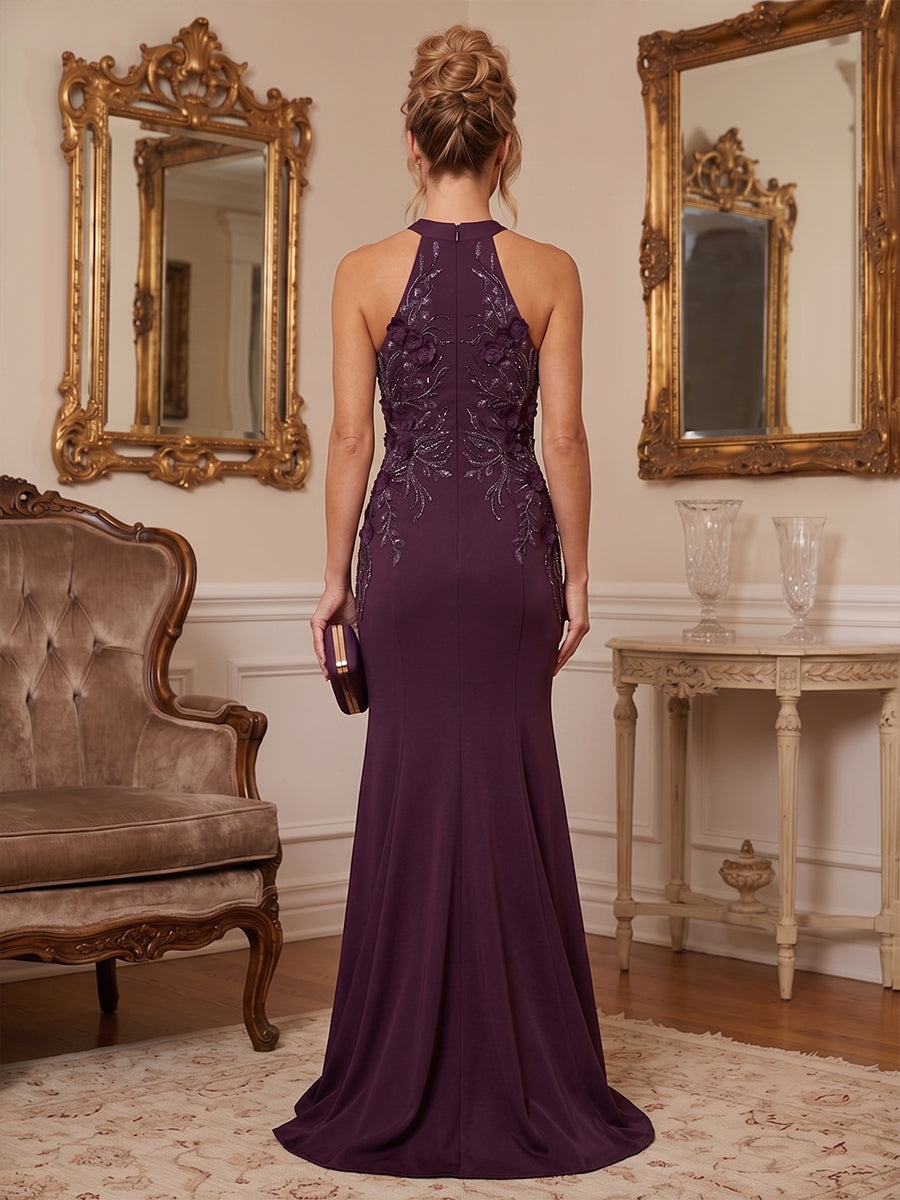 Satin Mermaid Halter Lace Appliques Ruched 3D Flowers Mother of the Bride Dresses