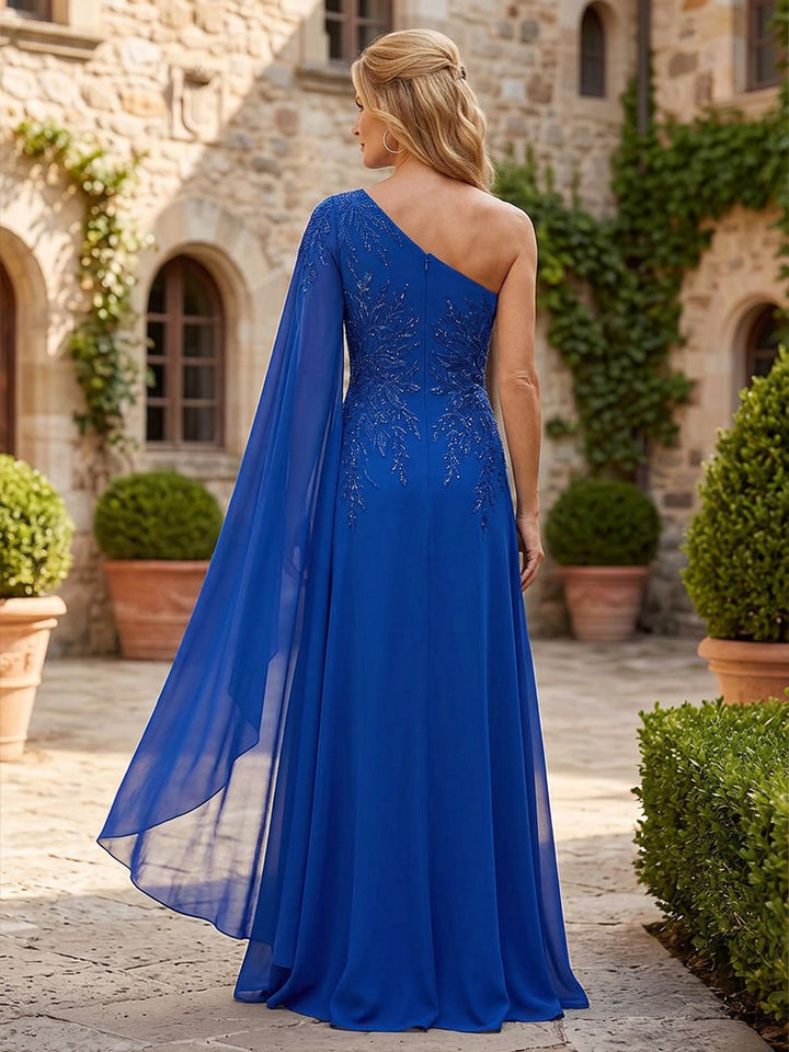 Chiffon A Line One Shoulder Lace Appliques Side Slit Sash Mother of the Bride Dresses