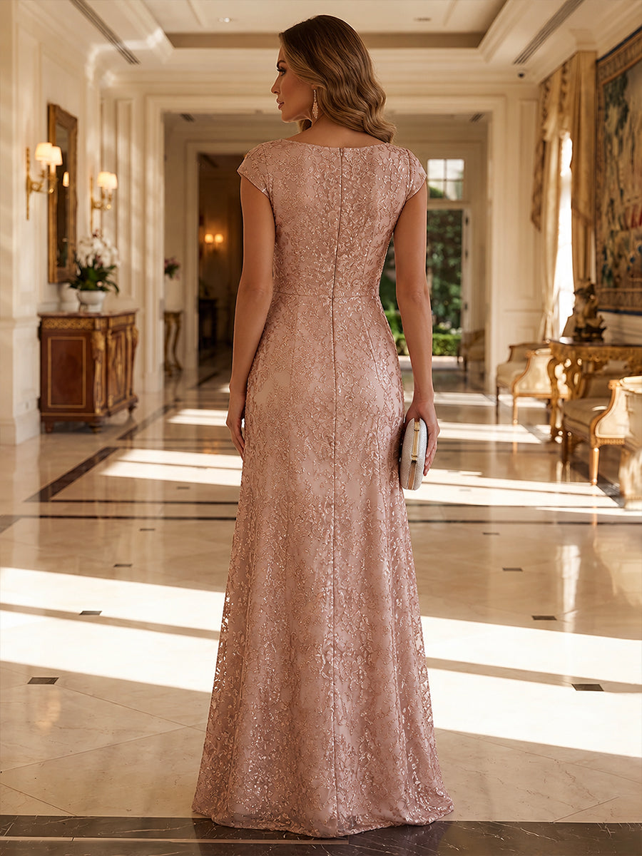 Sequin Floral Mermaid Scoop Neck Lace Appliques Ruched Ruffles Mother of the Bride Dresses