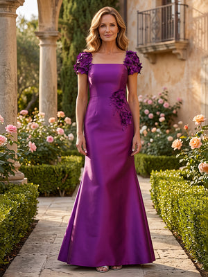 Satin Mermaid Square Neck 3D Flowers Ruched Mother of the Bride Dresses