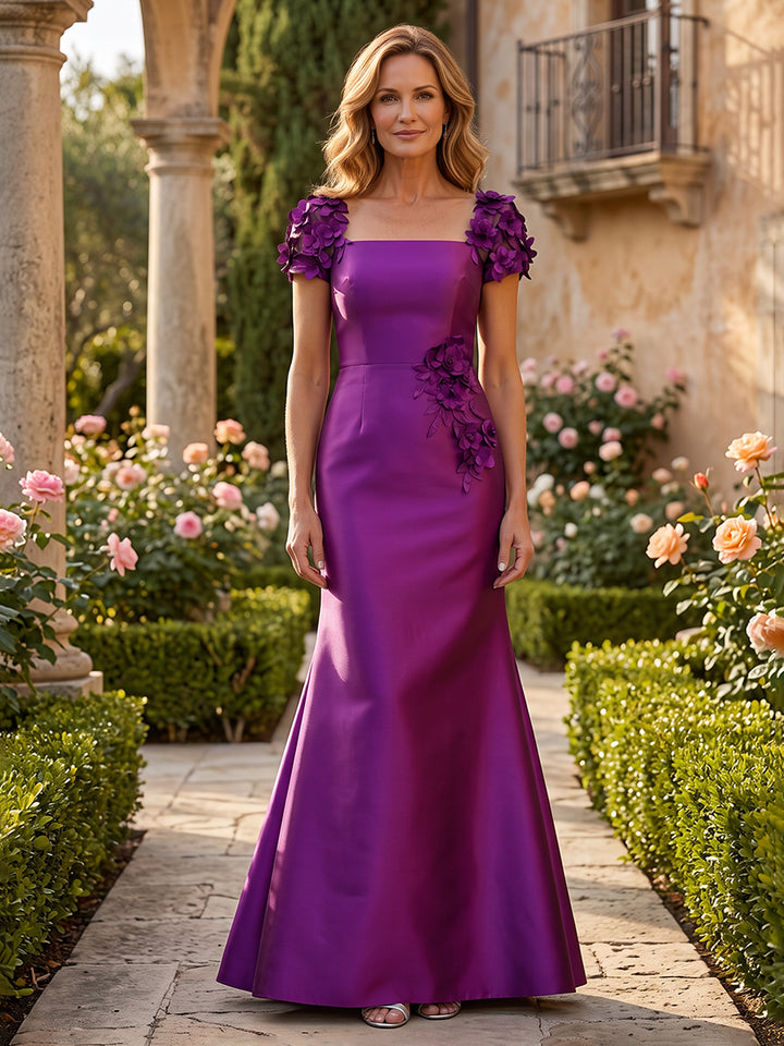Satin Mermaid Square Neck 3D Flowers Ruched Mother of the Bride Dresses