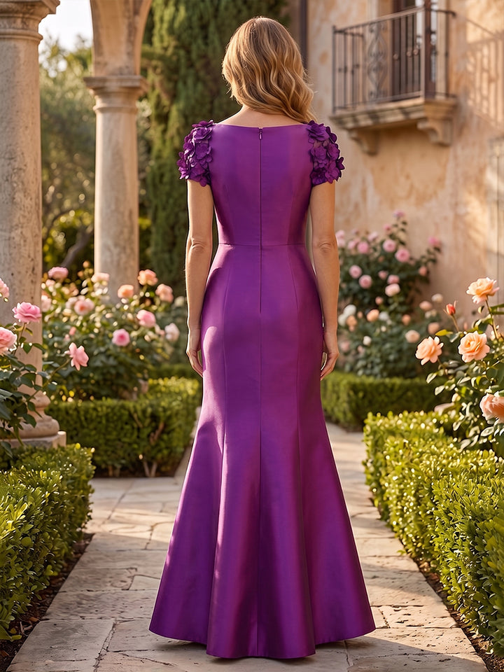 Satin Mermaid Square Neck 3D Flowers Ruched Mother of the Bride Dresses