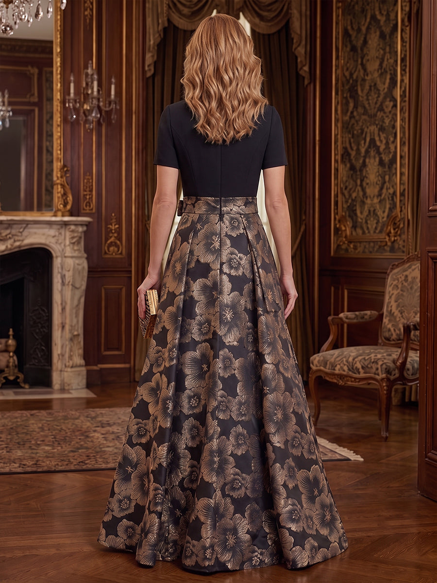 Jacquard A Line V Neck Bow Ruched Satin Mother of the Bride Dresses