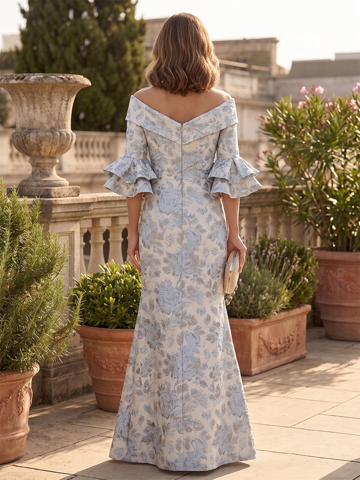 Jacquard Mermaid V Neck Ruffles Ruched Mother of the Bride Dresses