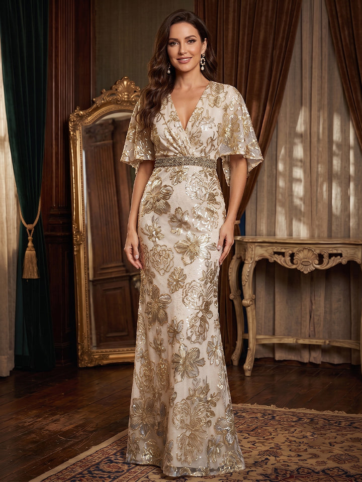 Sequin Floral Mermaid V Neck Lace Appliques elegant  Mother of the Bride Dresses for Women
