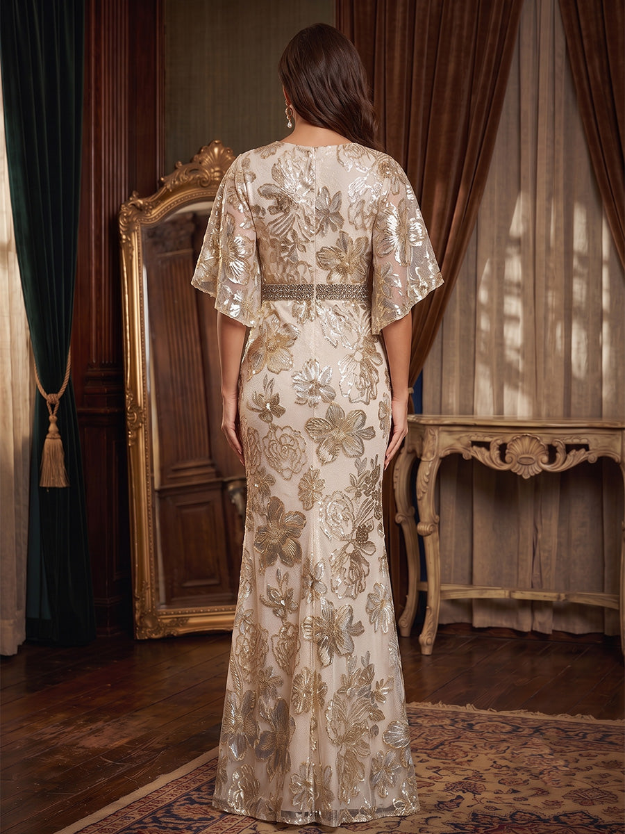 Sequin Floral Mermaid V Neck Lace Appliques elegant  Mother of the Bride Dresses for Women