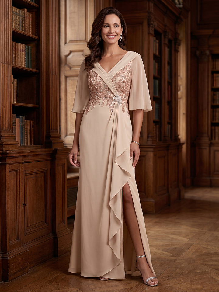 Chiffon A Line V Neck Lace Appliques Side Slit Ruffles Mother of the Bride Dresses