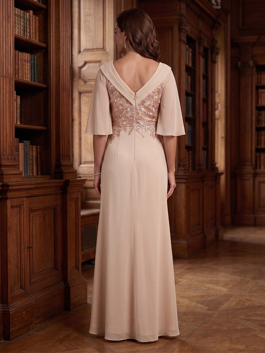 Chiffon A Line V Neck Lace Appliques Side Slit Ruffles Mother of the Bride Dresses