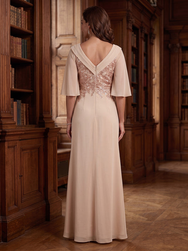 Chiffon A Line V Neck Lace Appliques Side Slit Ruffles Mother of the Bride Dresses